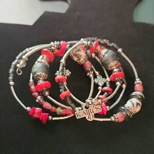 Silver and Red Beaded Wrap Bracelet